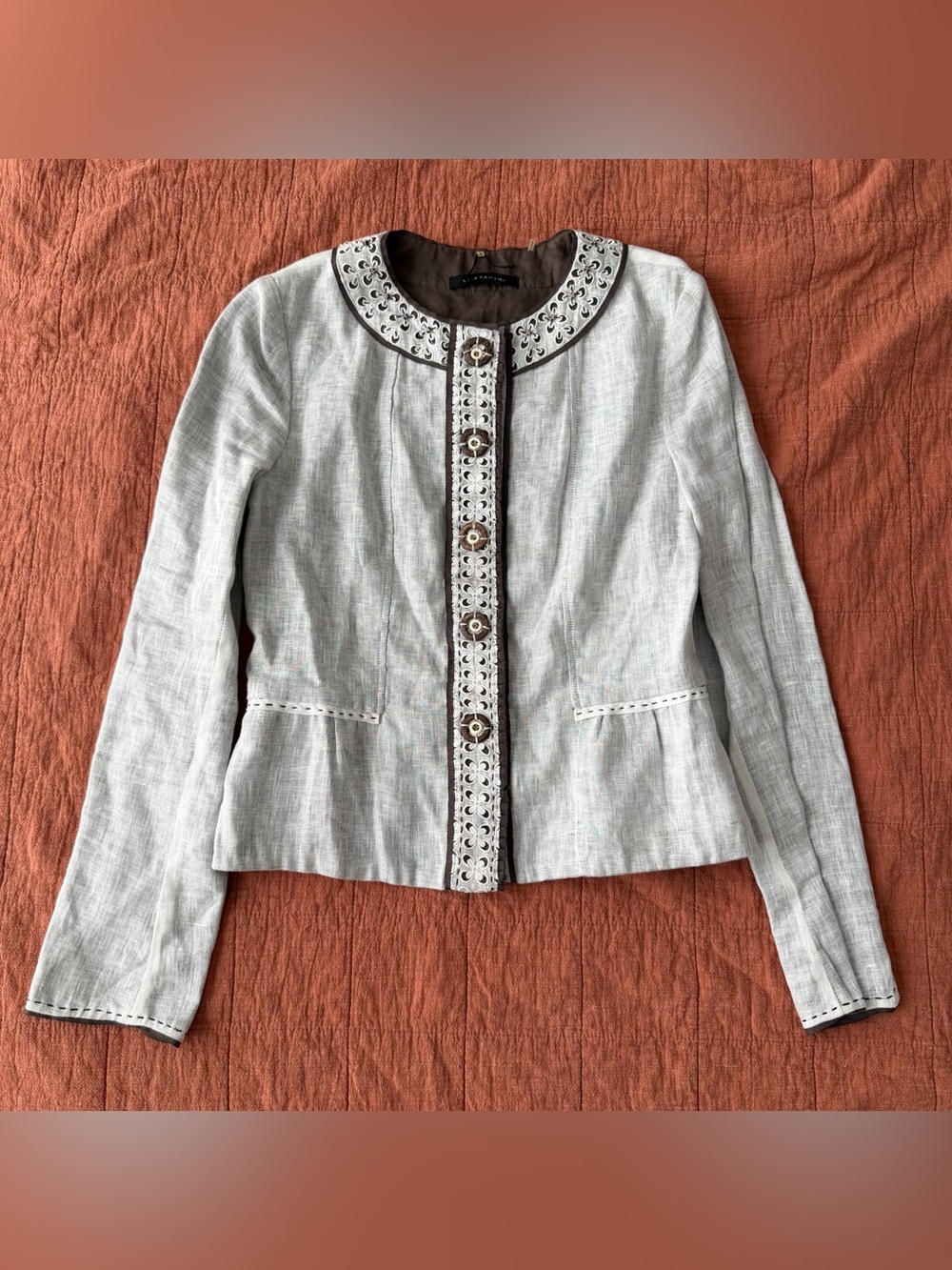Elie Tahari 100% Linen Danica Blazer Jacket S Beige Brown Embroidered Preppy